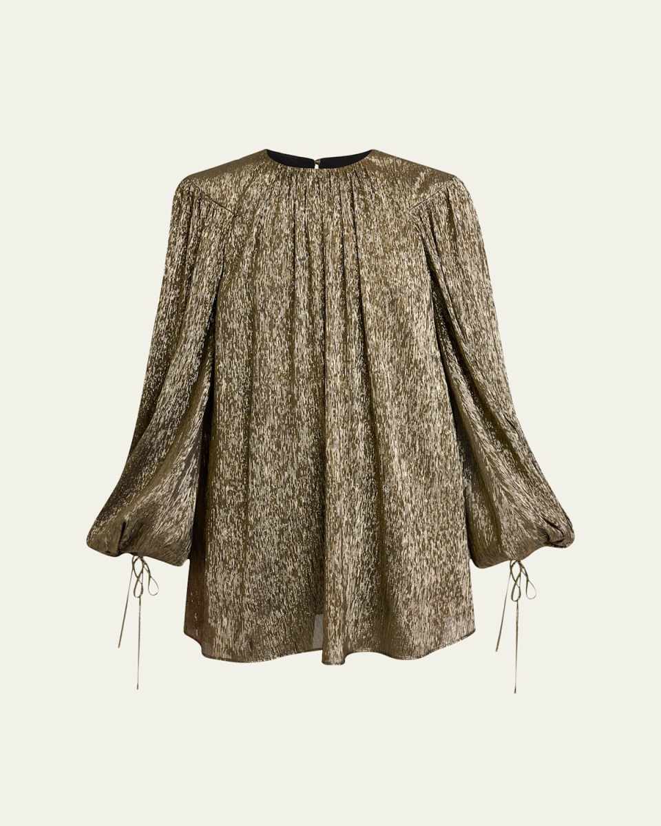 Balloon-Sleeve Metallic Silk Mini Dress